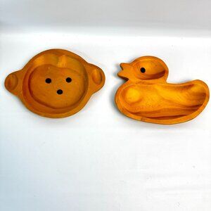 2 Petits Et Maman Kids Wood Duck Fox Plate Brown Baby Bowl